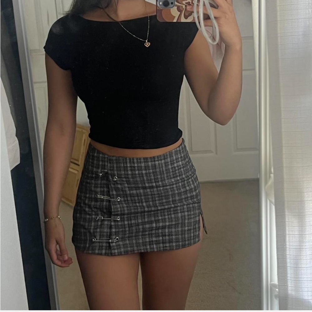 UNIF Collins Gray Plaid Mini Skirt with safety pins detail